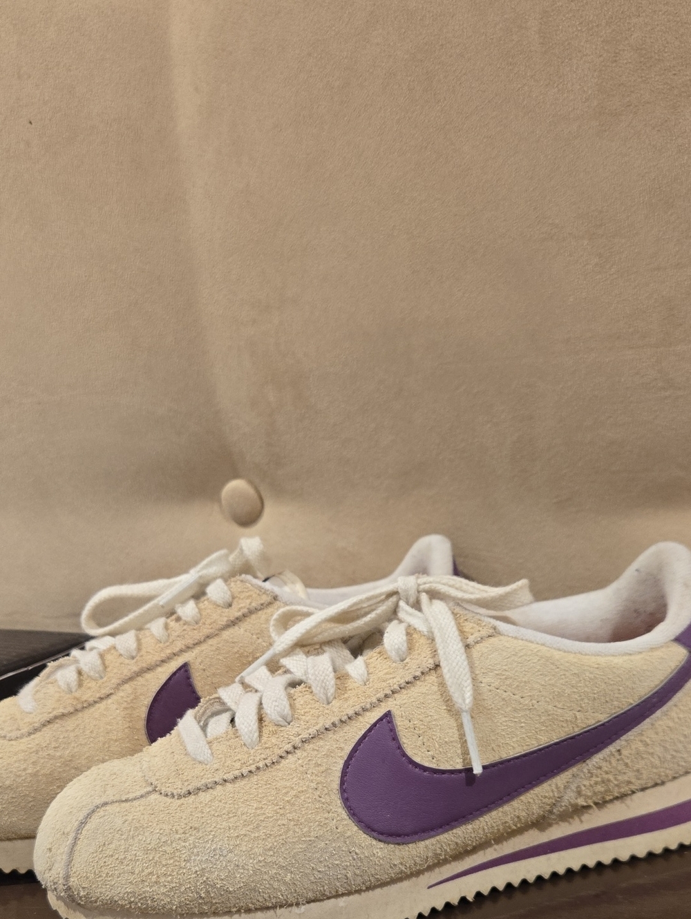 Nike Women’s Suede Runner Sneakers - Cream with Purple Swoosh